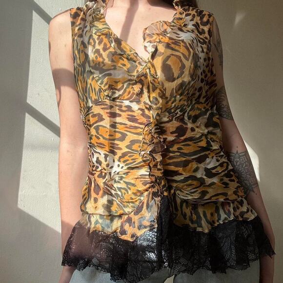 Vintage I.C.E. Cheetah Print Silk Lace Blouse Tank Women’s Small - Picture 2 of 8